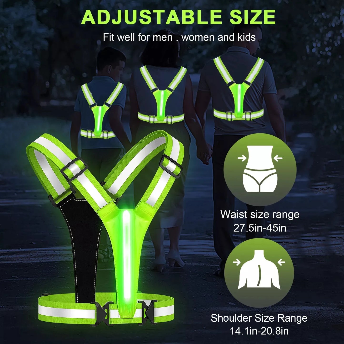 USB Rechargeable LED Reflective Running Vest With Glowing Straps High Visibility