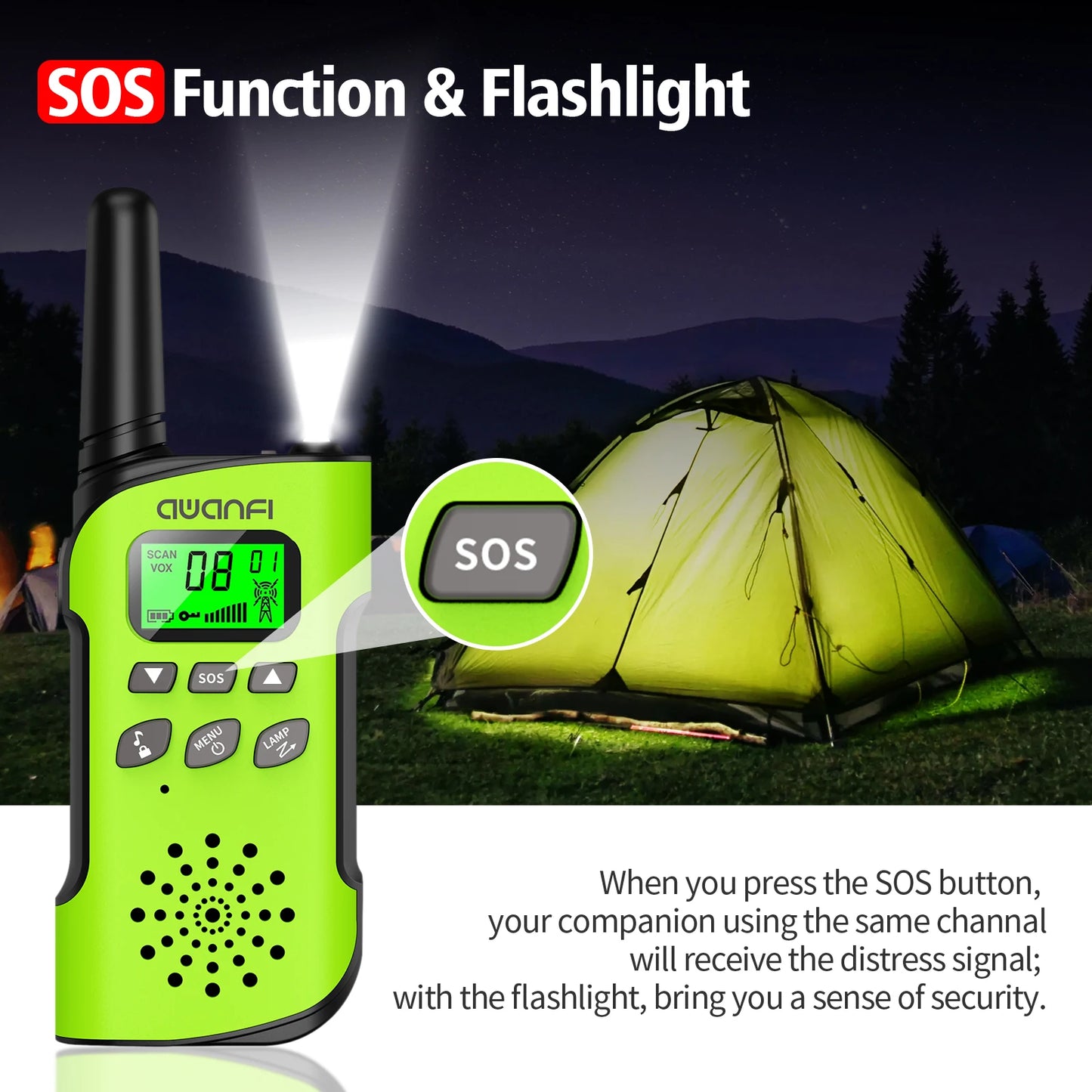 AWANFI 4 Pack Kids Walkie Talkies Long Range 8 Channel USB Type C Rechargeable Camping