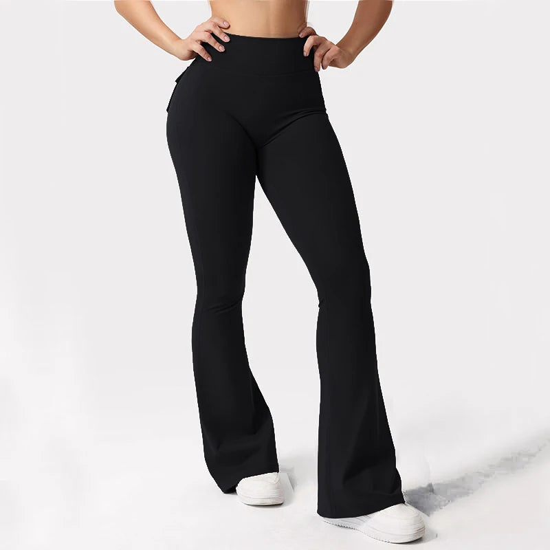 Womens Yoga Flare Trousers High Waisted Tummy Control Wide Leg Pockets For Gym