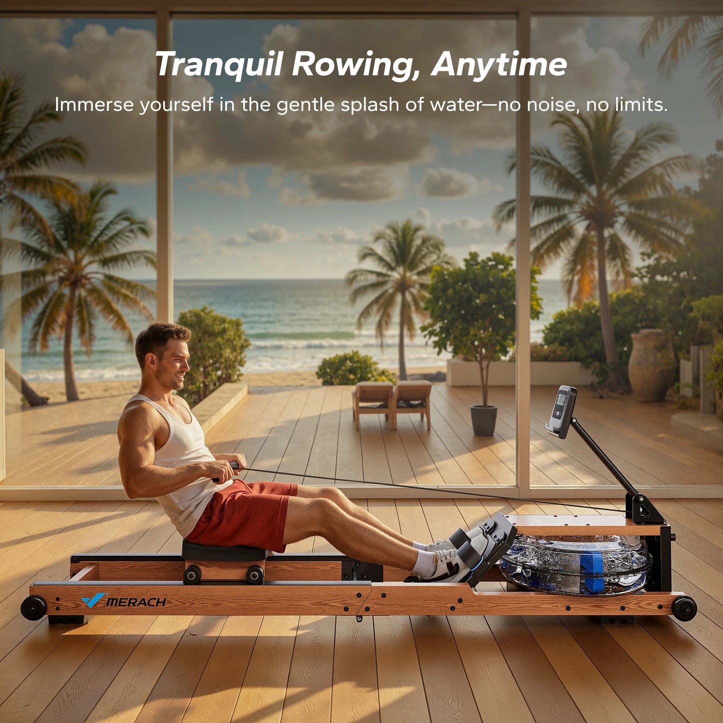 Merach Foldable Water Rowing Machine for Home Use, 400LBS Capacity, LCD Display