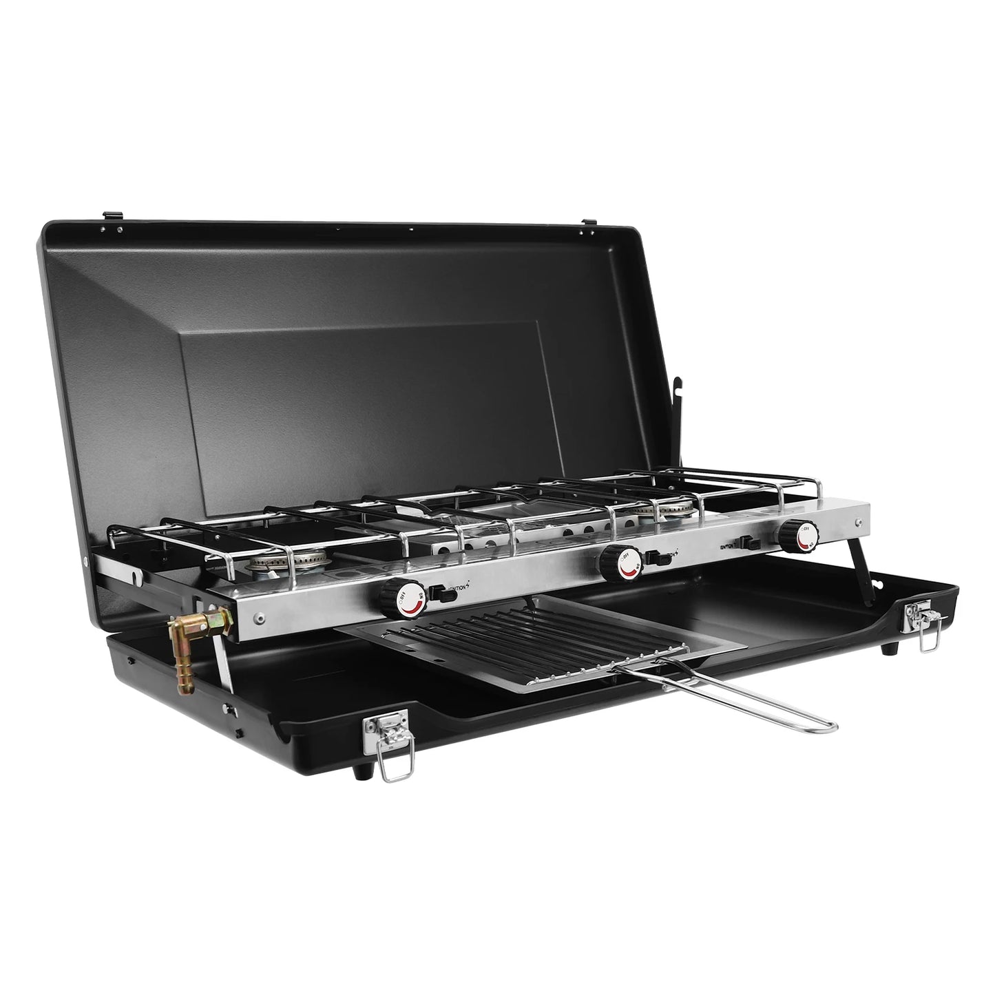 Portable 3-Burner Propane Camping Stove With Griddle And Windshield