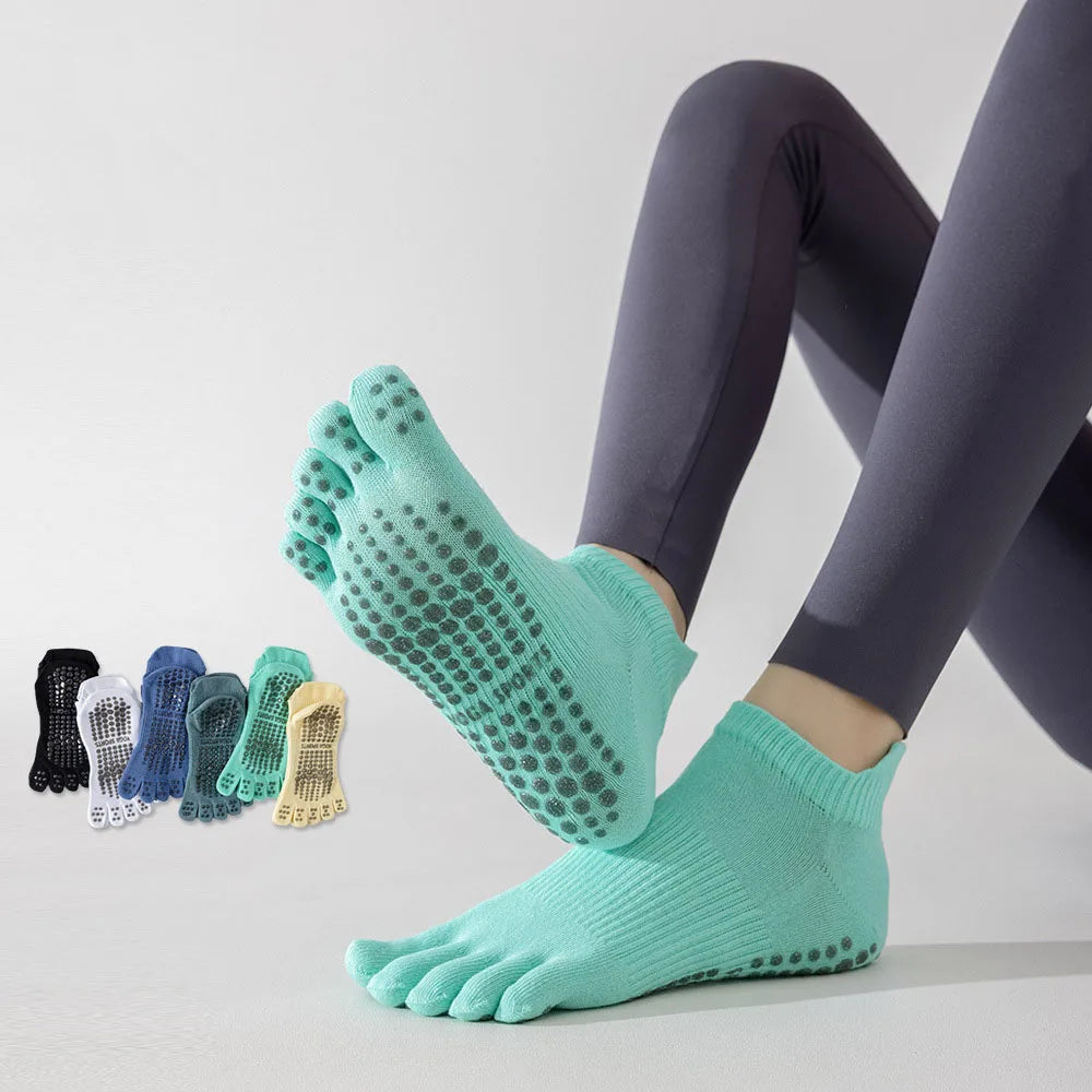 Women Full Toe Yoga Socks Cotton Non Slip Silicone Grip Five Toes Pilates
