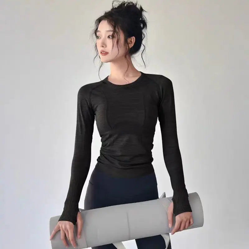 Women Yoga Top Round Neck Seamless Long Sleeve Gym Shirt For Fitness Winter