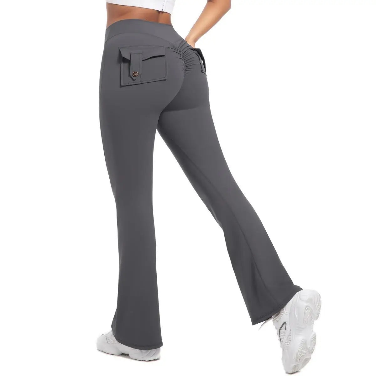 Womens Yoga Flare Trousers High Waisted Tummy Control Wide Leg Pockets For Gym