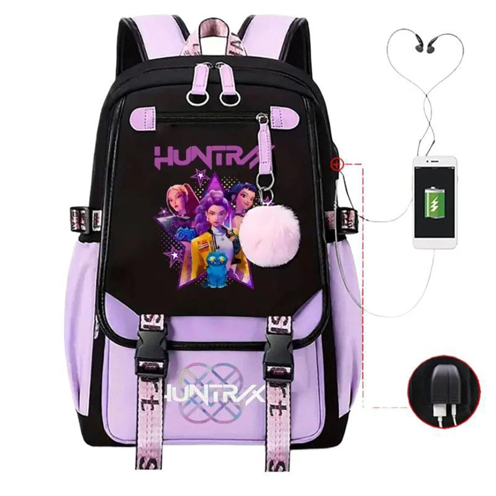 KPop Movie Print School Backpack With USB Port Laptop Bag
