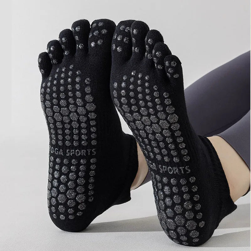 Women Full Toe Yoga Socks Cotton Non Slip Silicone Grip Five Toes Pilates