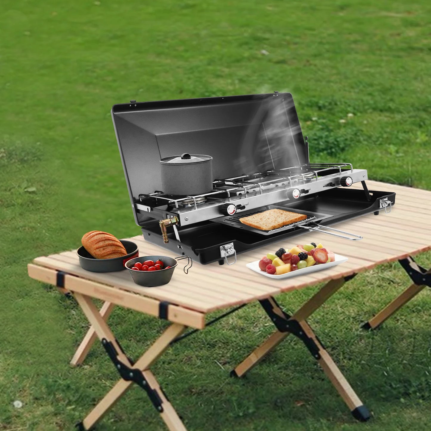 Portable 3-Burner Propane Camping Stove With Griddle And Windshield