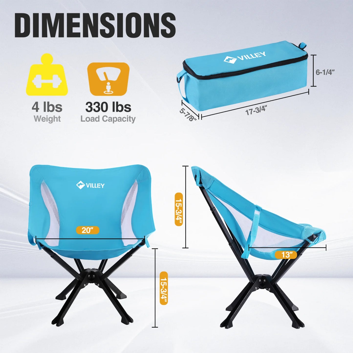 VILLEY Portable Folding Chair Lightweight Camping Chair For Beach Hiking 330 LBS