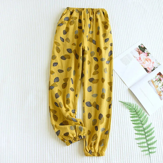 2026 Spring Summer Women Pajama Pants 100 Percent Cotton Crepe Leaf Print