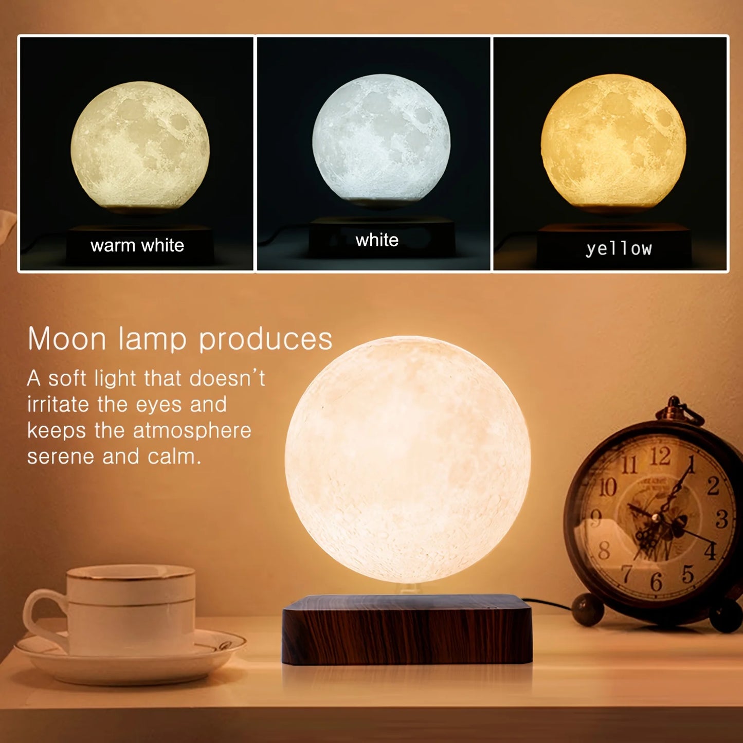 Magnetic Floating Rotating Moon Lamp Wooden Base 3 Color LED Night Light