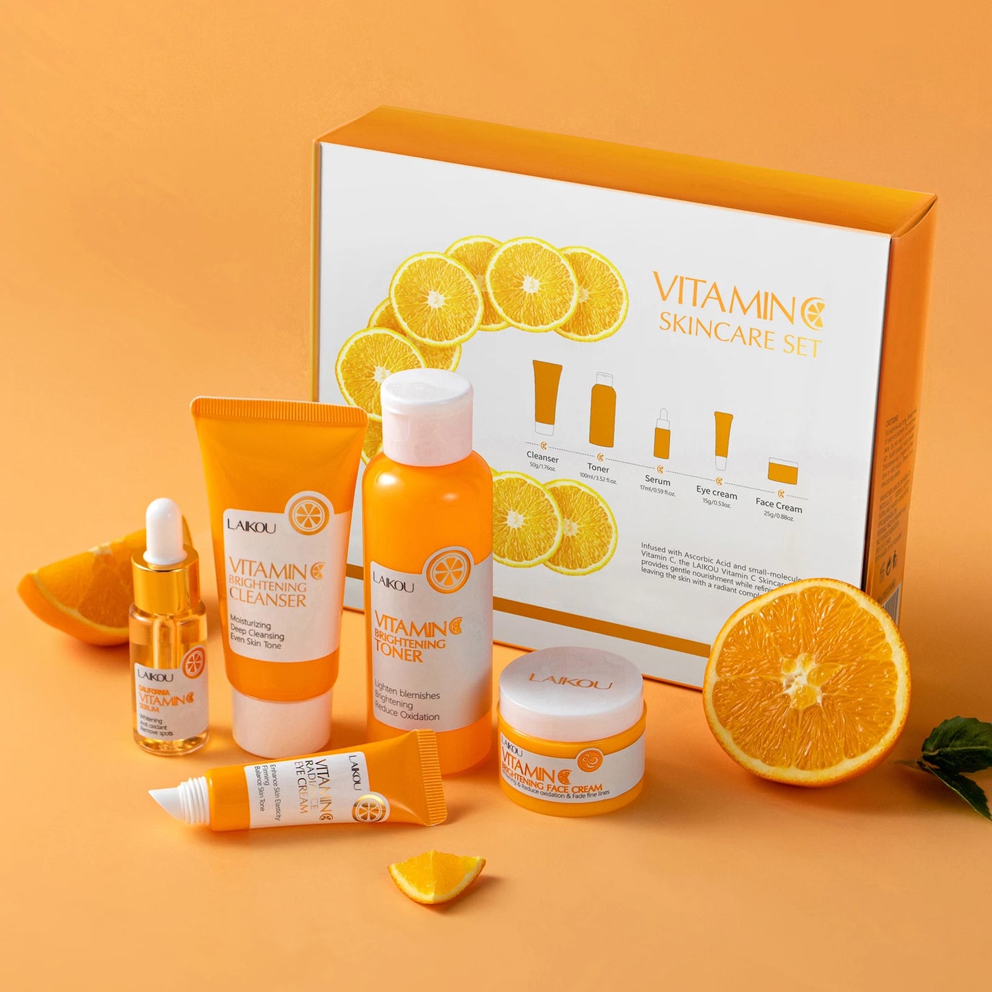 LAIKOU Vitamin C Skincare Set Brightening Five Piece Kit for Even Skin Tone and Radiance