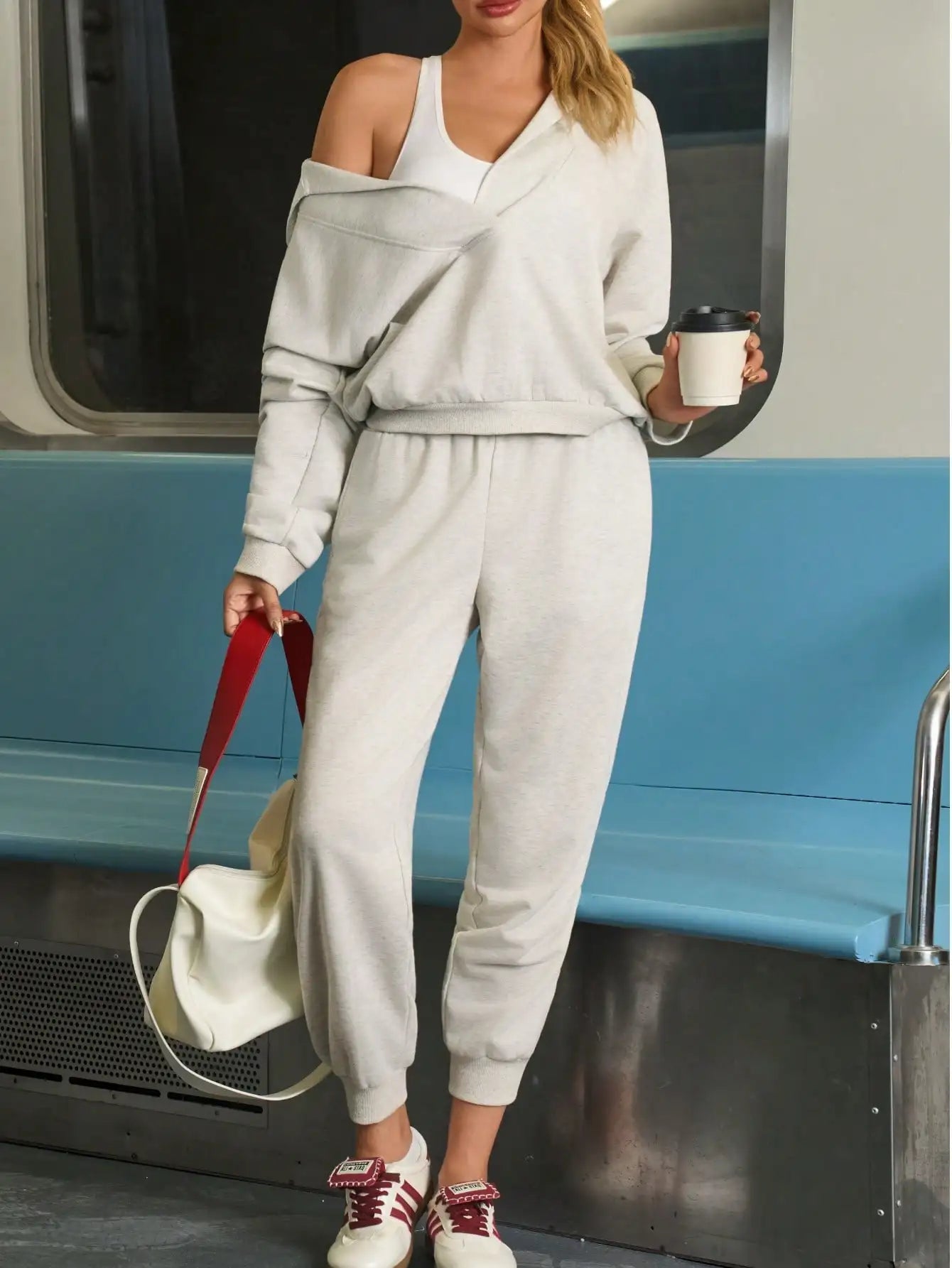 Fisoew Knitted Half-Zip Top and Joggers Set Casual Sportswear
