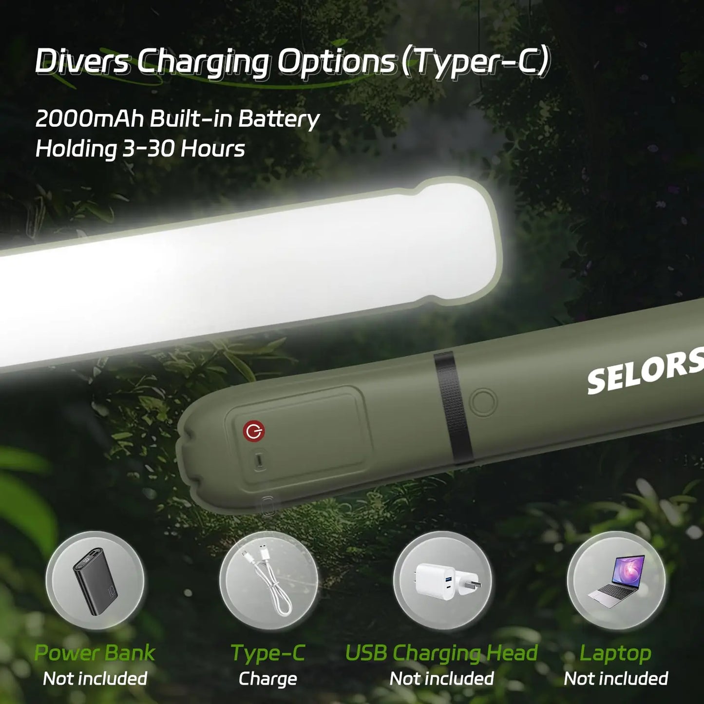 Selorss Rechargeable Camping Light Waterproof 2000mAh Tent Lamp Spotlight