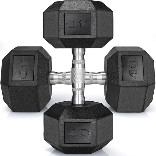 Rubber Hex Dumbbell Set, Cast Iron, Rubber Coated Pair