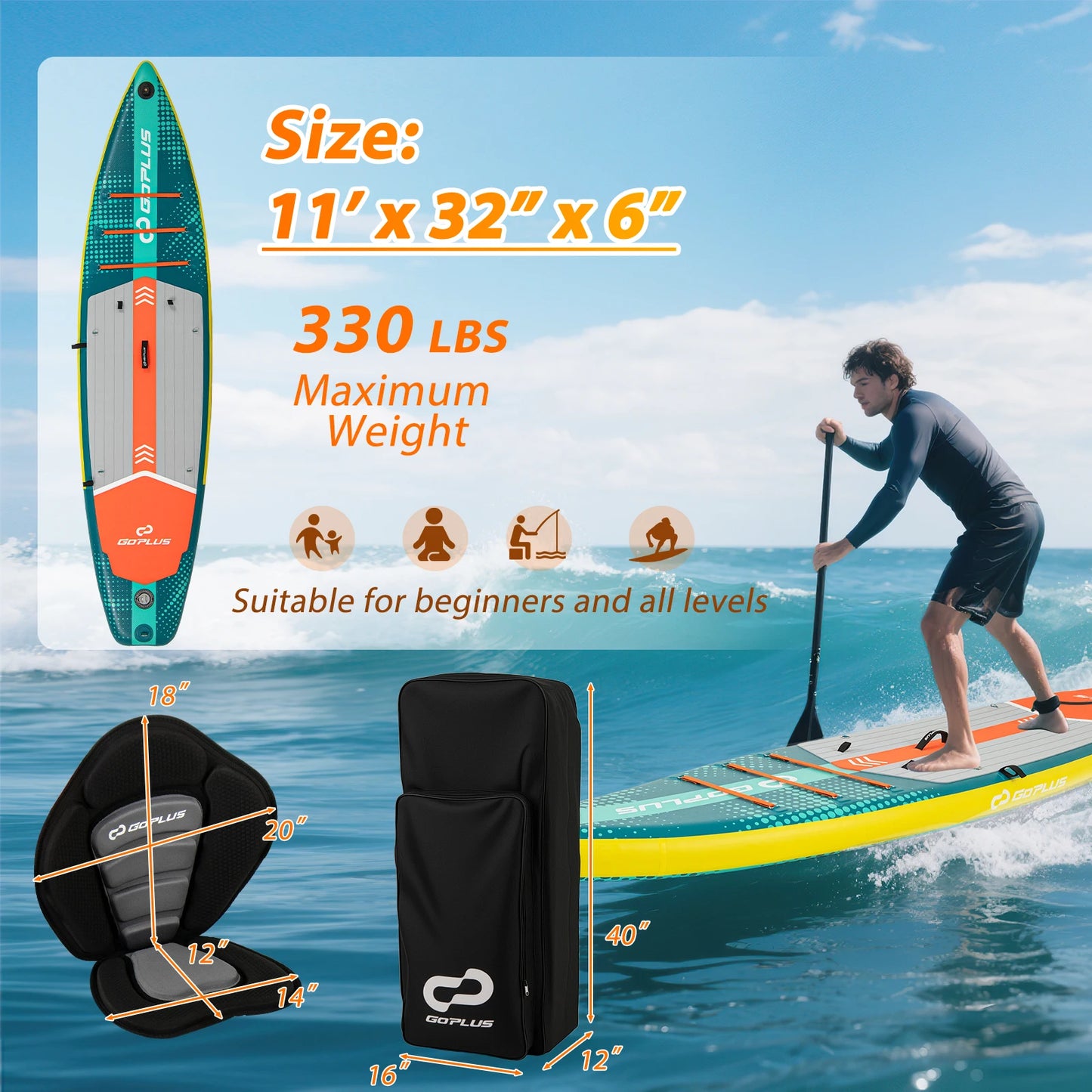 11 Foot Inflatable Stand Up Paddle Board For Adults With Kayak Seat And Pump