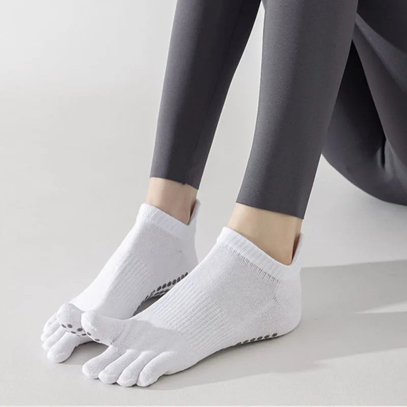 Women Full Toe Yoga Socks Cotton Non Slip Silicone Grip Five Toes Pilates