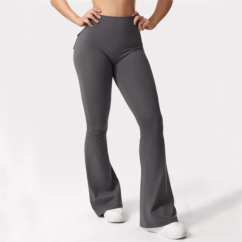 Womens Yoga Flare Trousers High Waisted Tummy Control Wide Leg Pockets For Gym