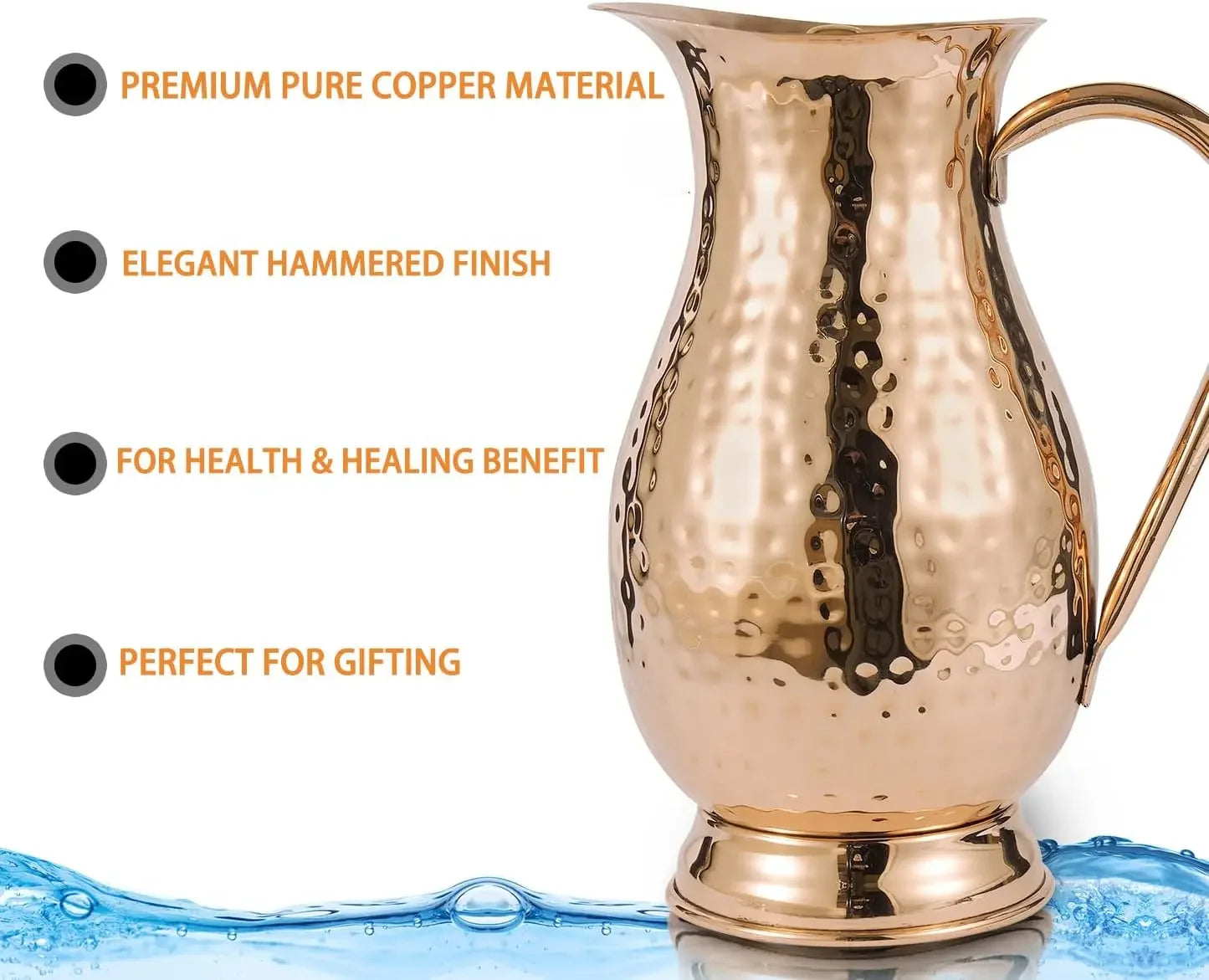 Pure Copper Pitcher With Lid Handcrafted Hammered Carafe