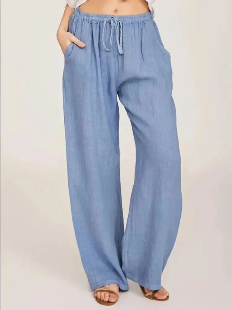 Womens Cotton Linen Pants Casual Loose Elastic Waist Pockets Oversize Wide Leg