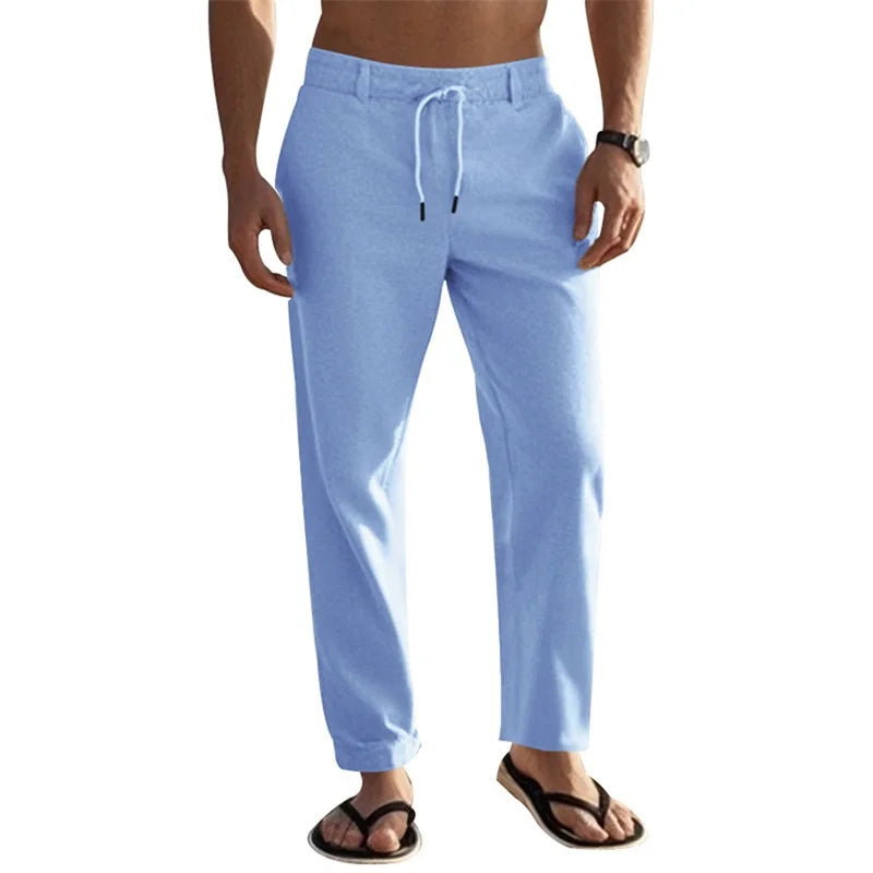 Men's Lightweight Linen Drawstring Pants With Pockets For Summer Beach Wear