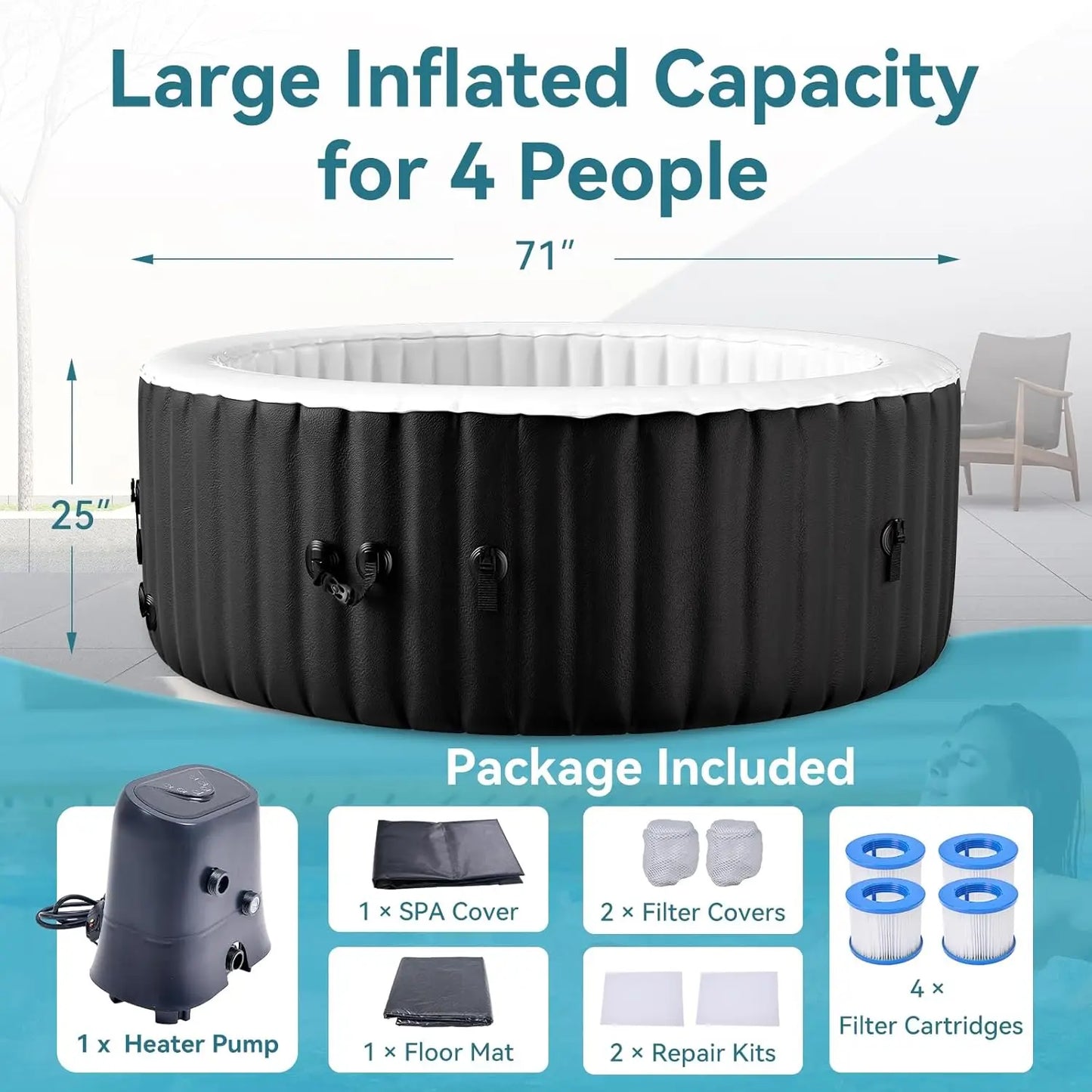 Inflatable Round Hot Tub Portable Spa For 2 To 4