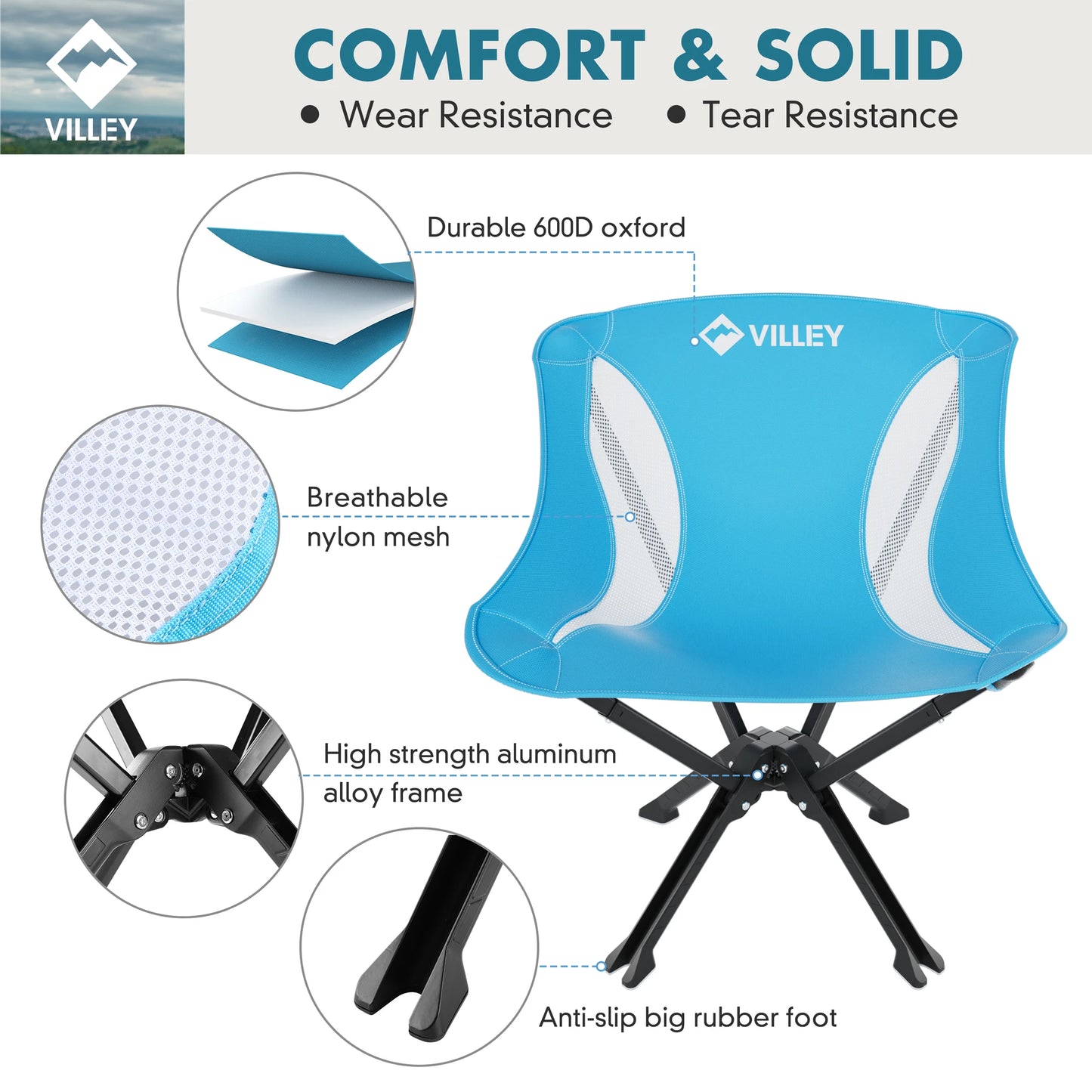 VILLEY Portable Folding Chair Lightweight Camping Chair For Beach Hiking 330 LBS