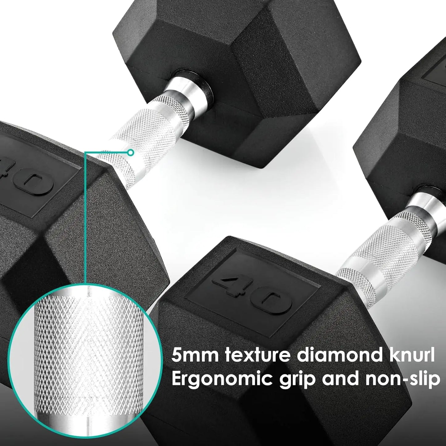 Rubber Hex Dumbbell Set, Cast Iron, Rubber Coated Pair