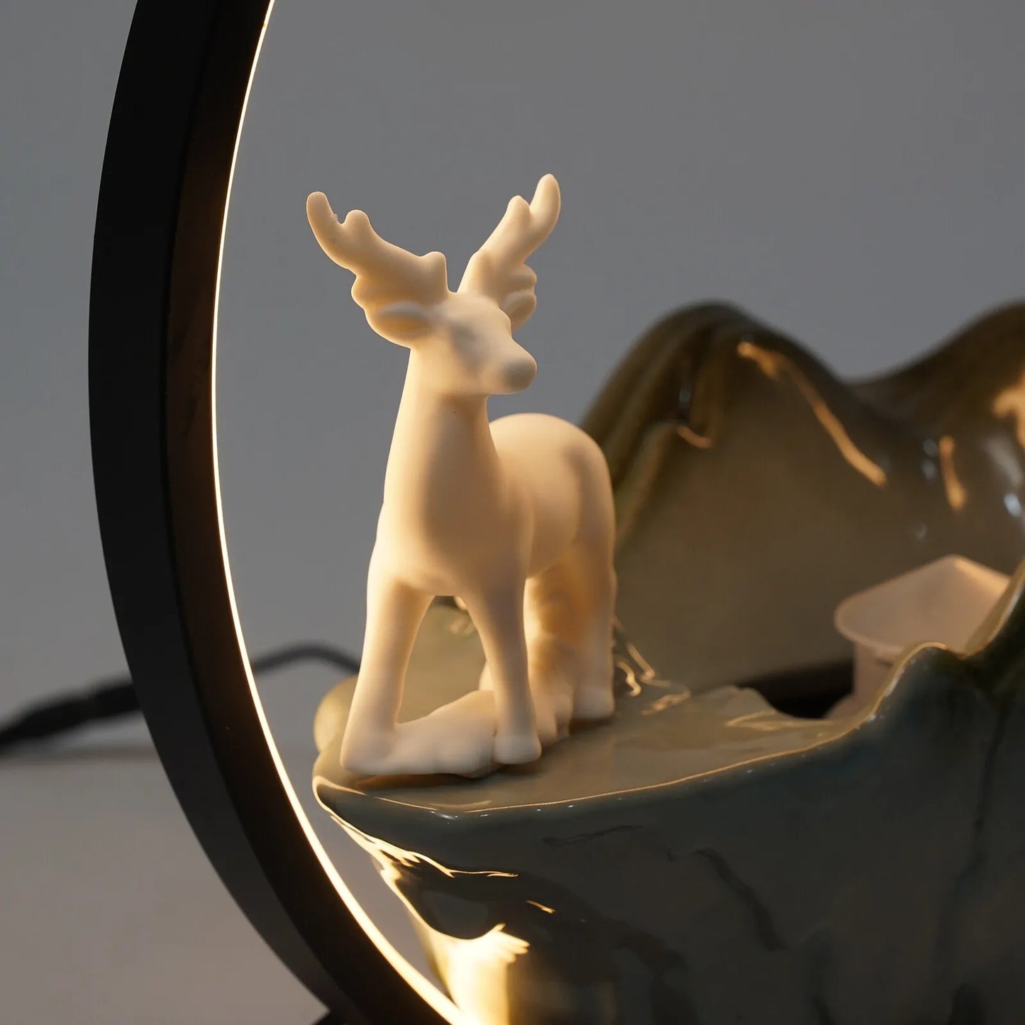 110V Ceramic Tabletop Fountain With Mist LED Deer Figurine And Pine Branches