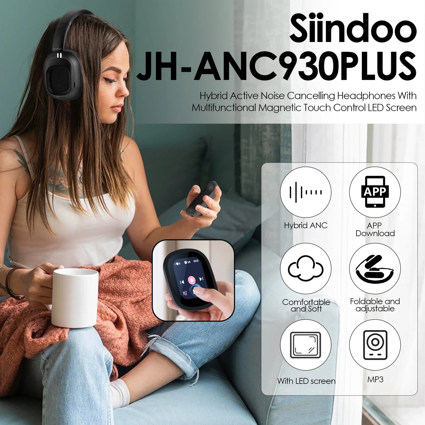 Siindoo ANC930Plus Hybrid Wireless Headphones Featuring Advanced Touch Controls App