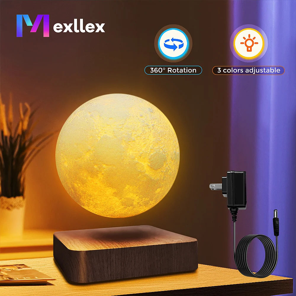 Magnetic Floating Rotating Moon Lamp Wooden Base 3 Color LED Night Light