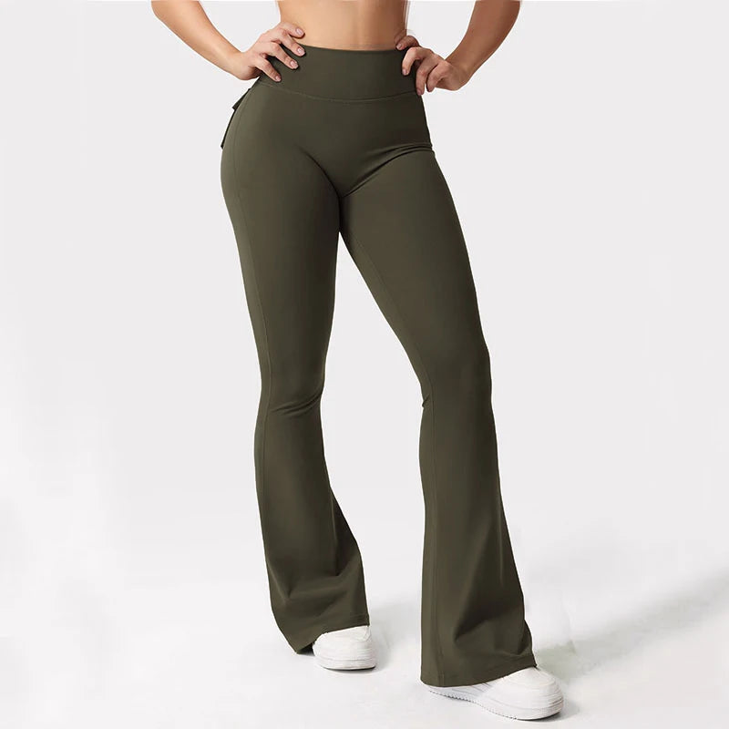 Womens Yoga Flare Trousers High Waisted Tummy Control Wide Leg Pockets For Gym