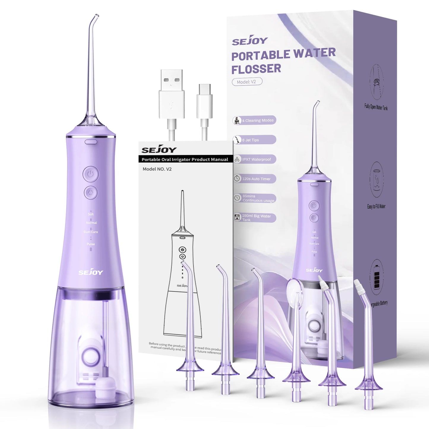 SEJOY USB Rechargeable Oral Irrigator Water Flosser 280ML Portable Teeth Cleaner