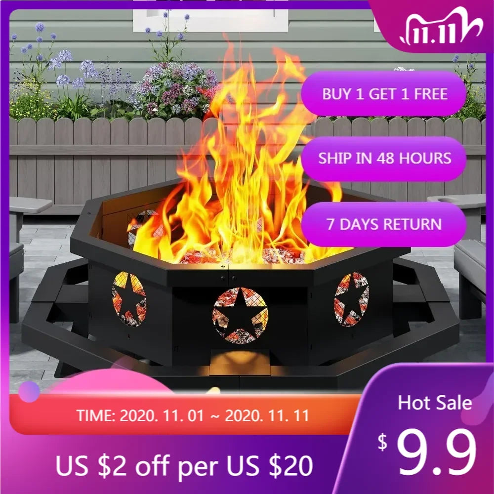 Hexagonal Outdoor Wood Fire Pit for Backyard Gatherings and Patio Entertaining Spaces