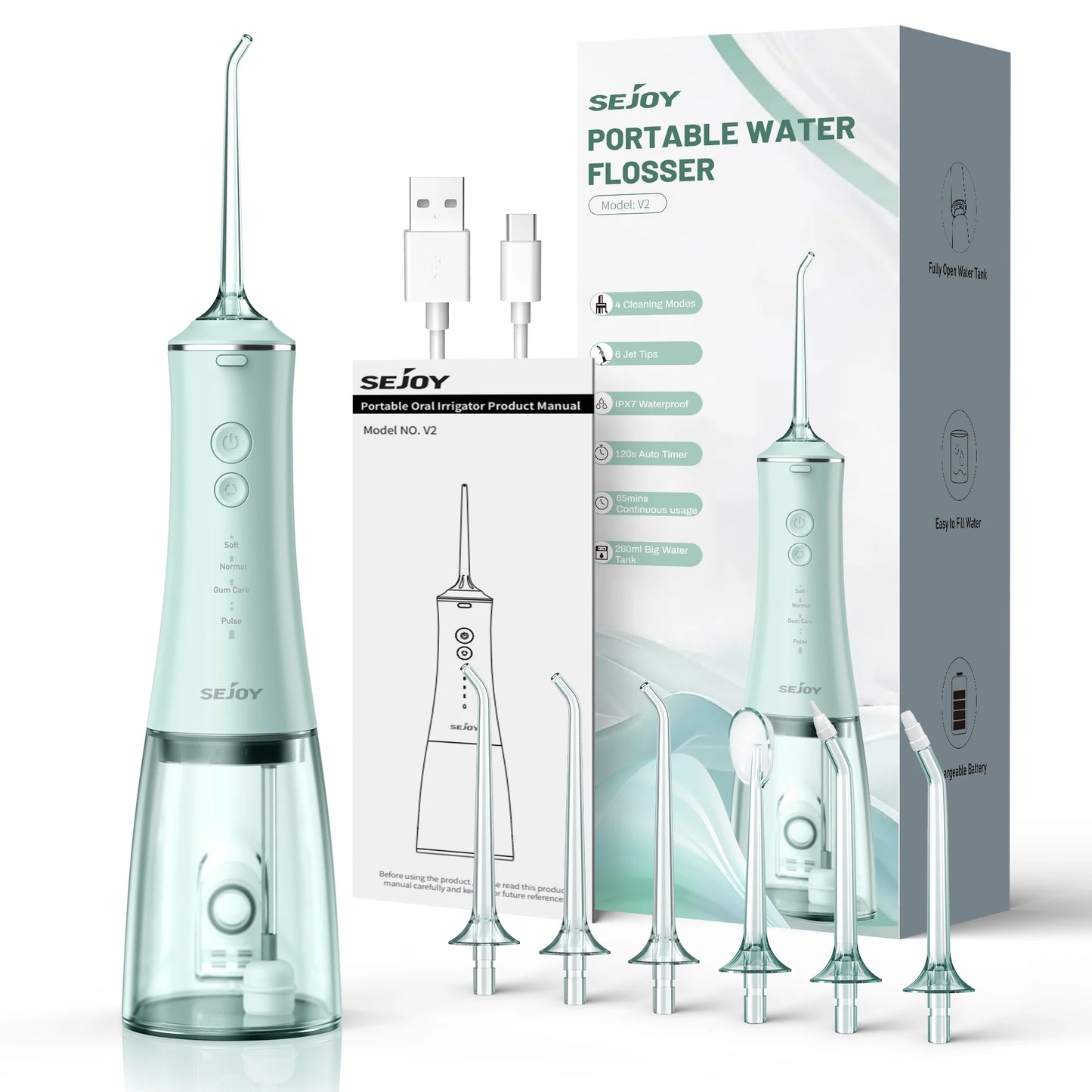 SEJOY USB Rechargeable Oral Irrigator Water Flosser 280ML Portable Teeth Cleaner