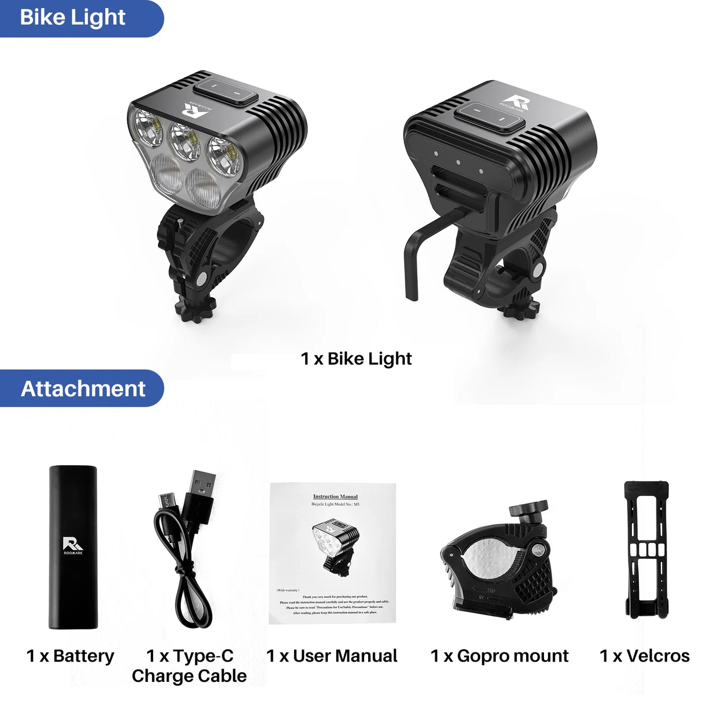 Roomark 20000mAh USB Rechargeable Bike Headlight With 360 Degree Visibility