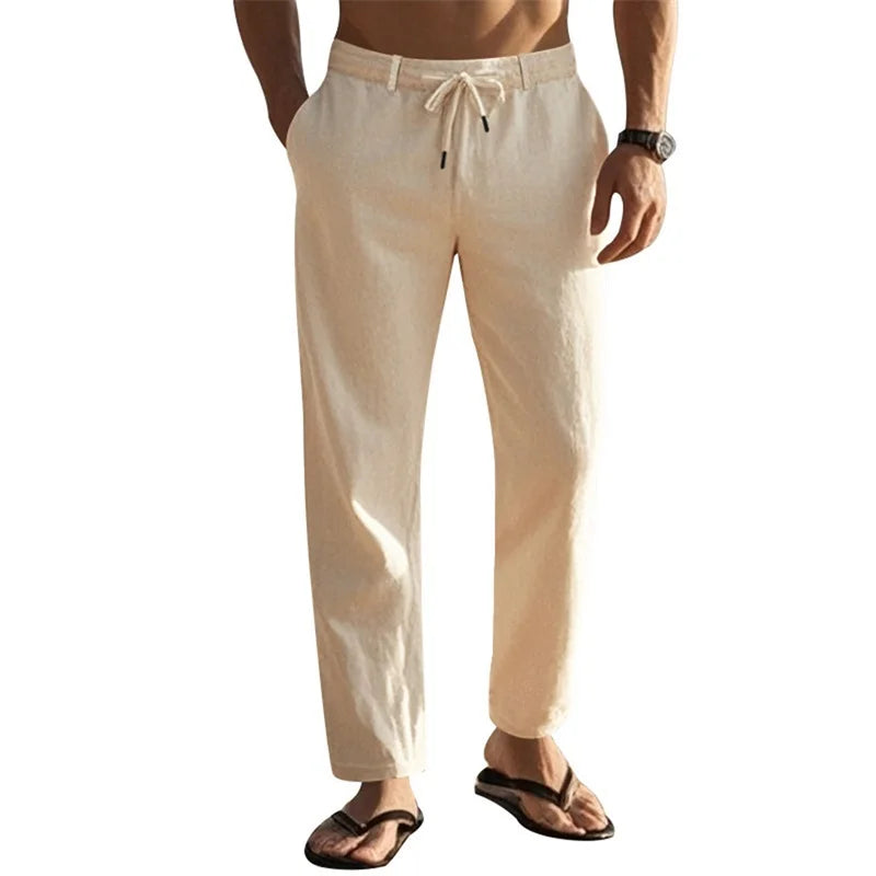 Men's Lightweight Linen Drawstring Pants With Pockets For Summer Beach Wear
