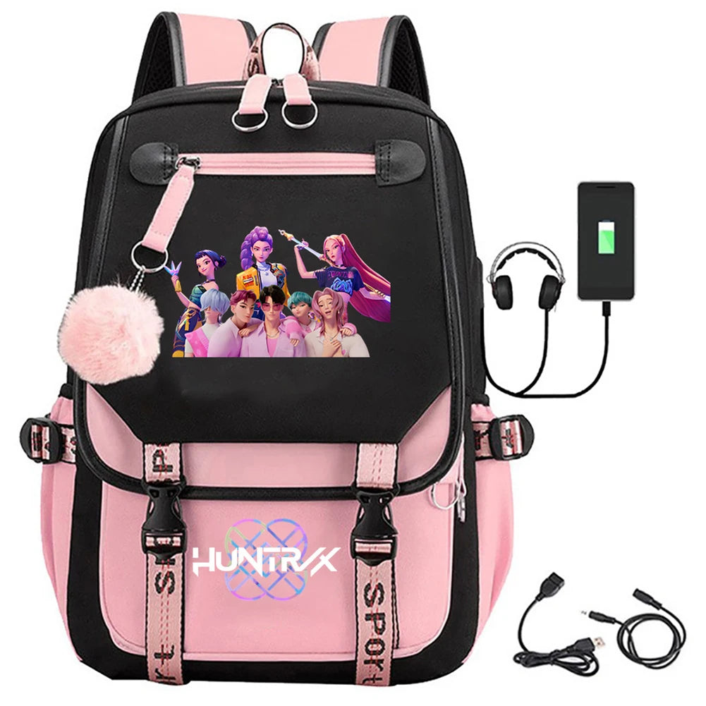 KPop Movie Print School Backpack With USB Port Laptop Bag