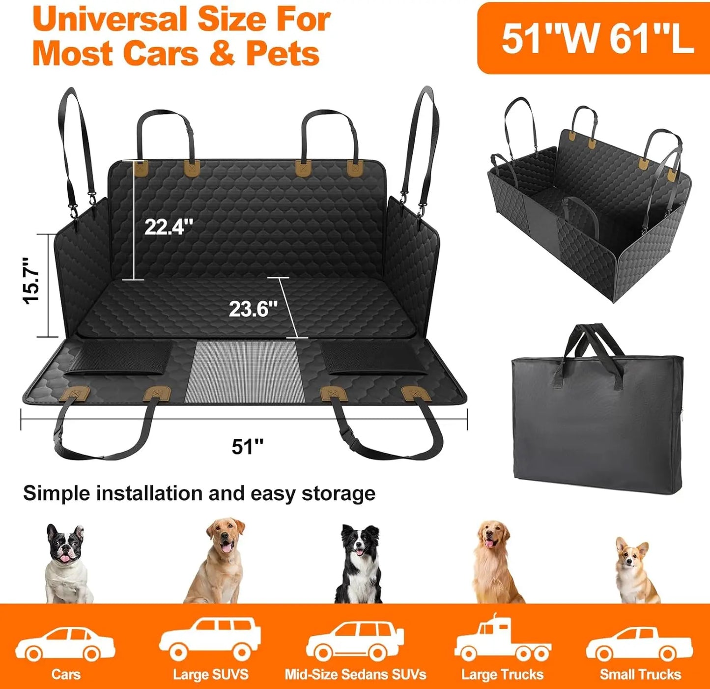 Wedyvko Waterproof Foldable Dog Car Seat Hammock And Back Seat Protector For Cars