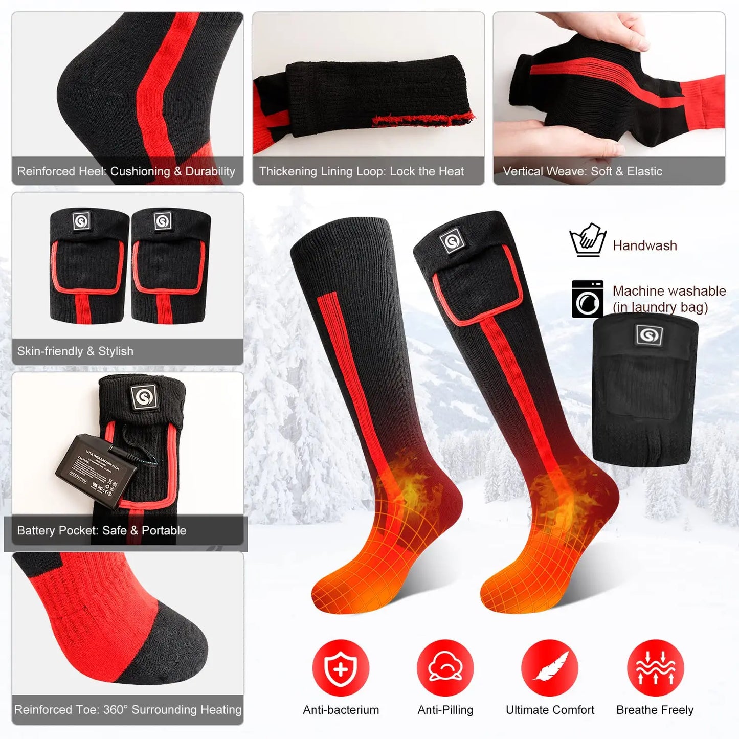 Snow Deer Heated Socks Rechargeable Battery Thermal Warmer Ski Socks Men Women