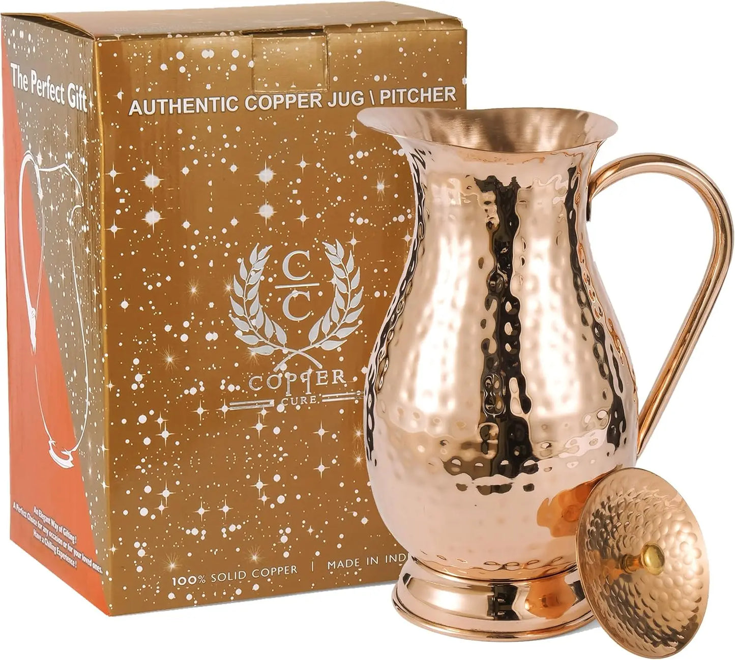 Pure Copper Pitcher With Lid Handcrafted Hammered Carafe