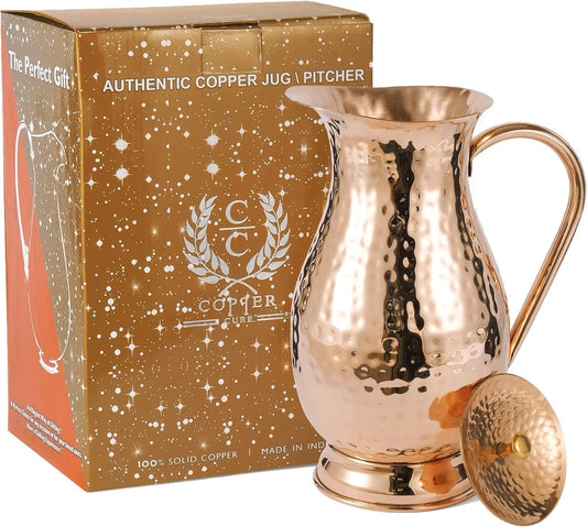 Pure Copper Pitcher With Lid Handcrafted Hammered Carafe