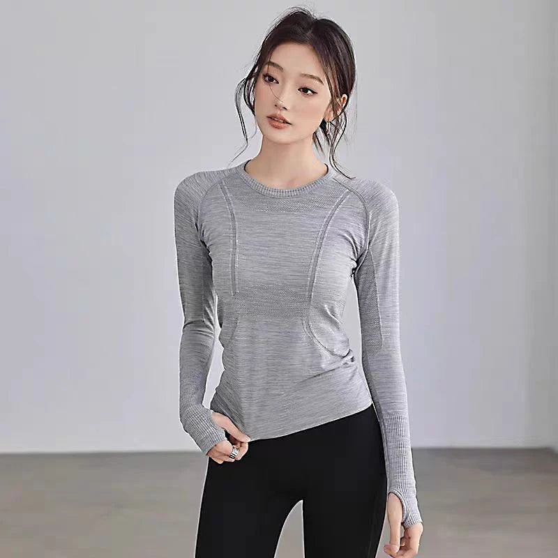 Women Yoga Top Round Neck Seamless Long Sleeve Gym Shirt For Fitness Winter
