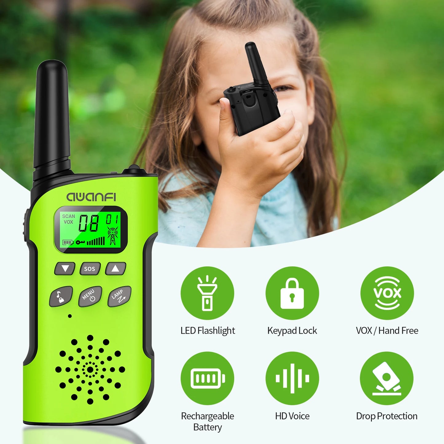 AWANFI 4 Pack Kids Walkie Talkies Long Range 8 Channel USB Type C Rechargeable Camping