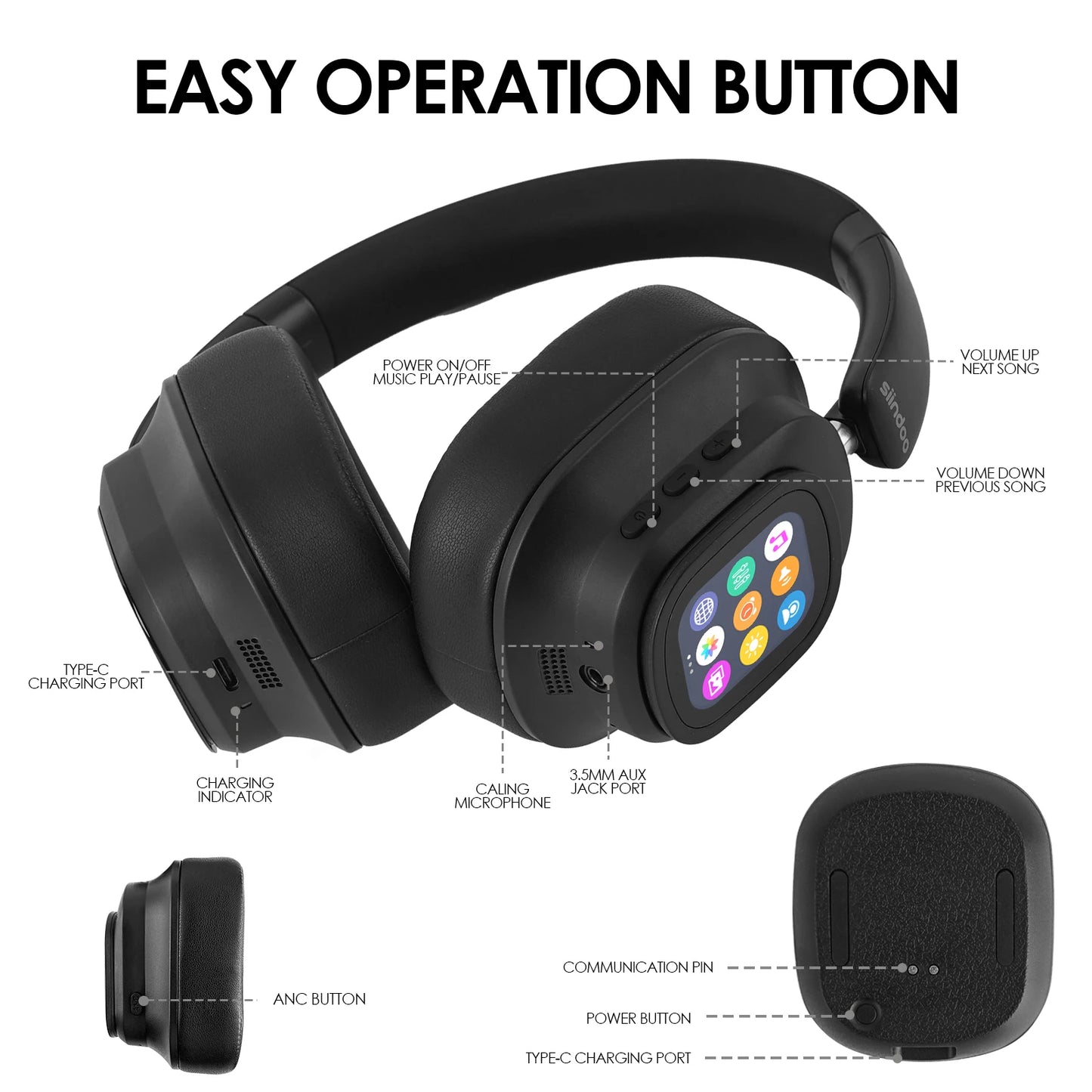 Siindoo ANC930Plus Hybrid Wireless Headphones Featuring Advanced Touch Controls App
