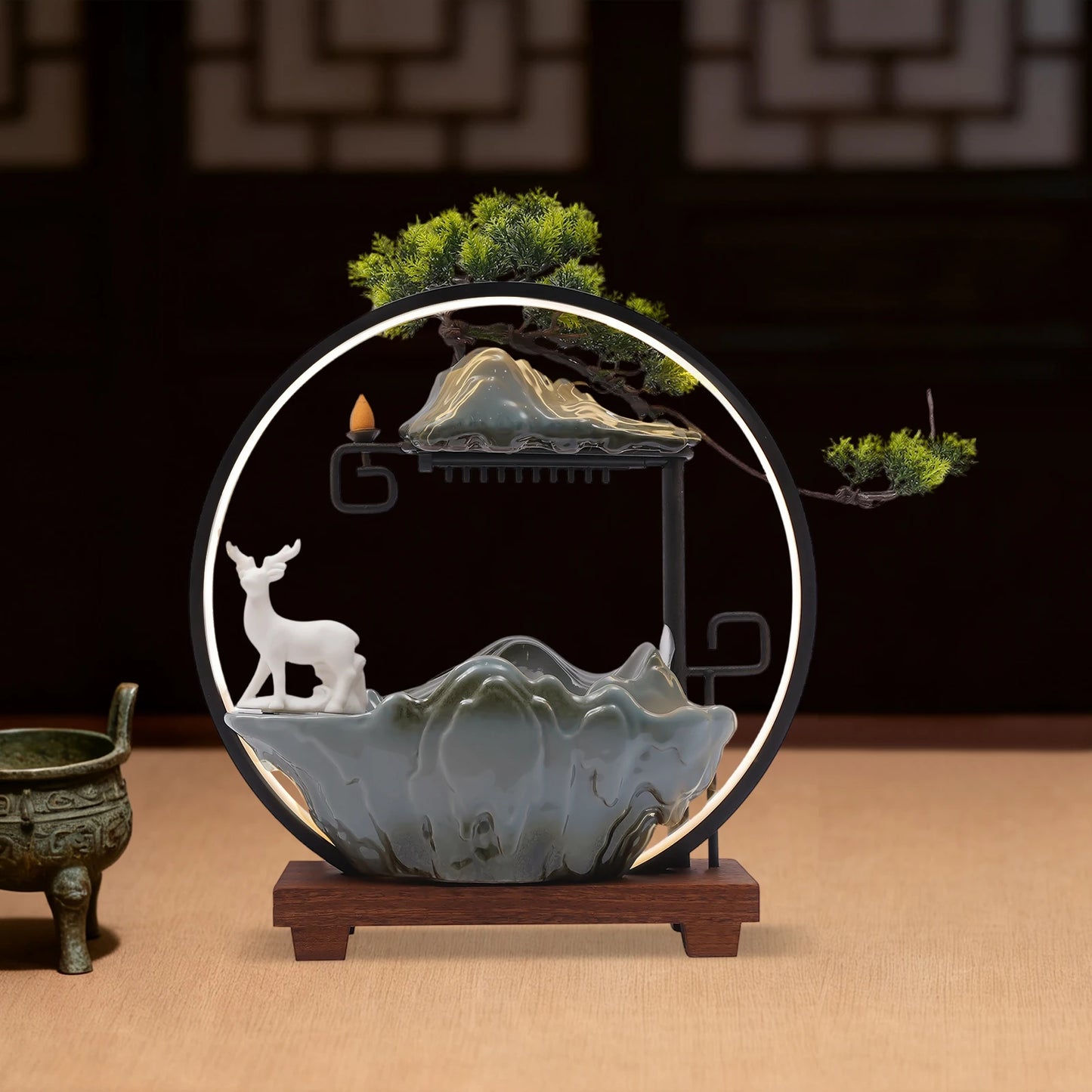 110V Ceramic Tabletop Fountain With Mist LED Deer Figurine And Pine Branches