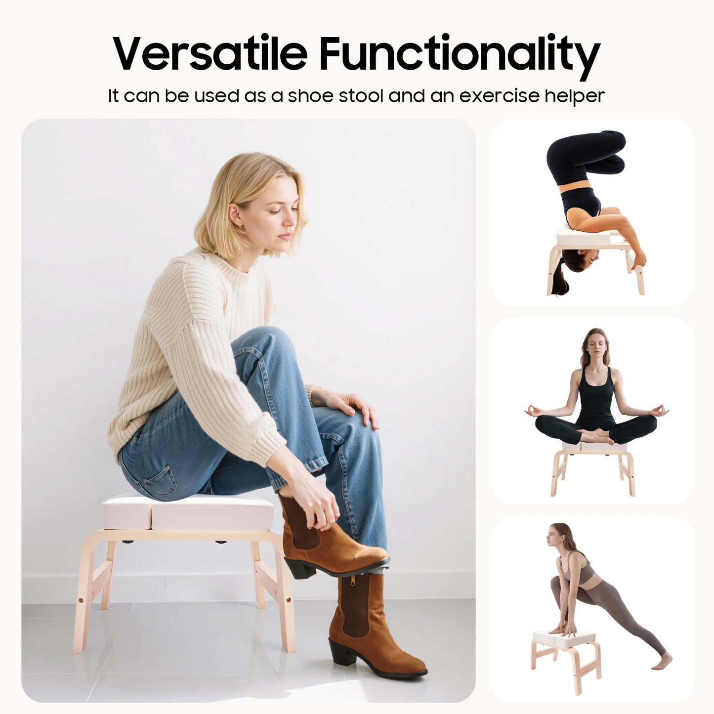 Wood Yoga Headstand Bench Stool Inversion Chair Supports 440Lbs