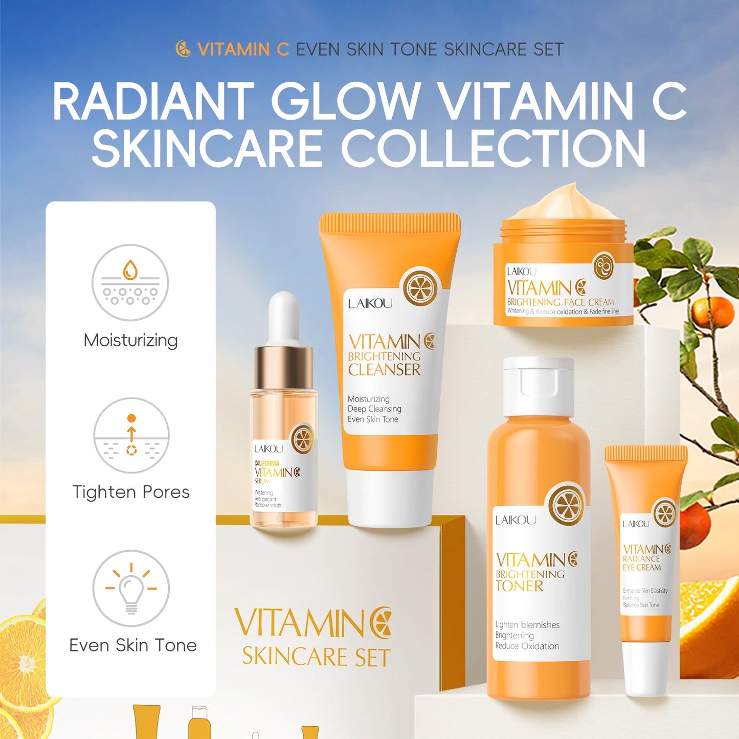 LAIKOU Vitamin C Skincare Set Brightening Five Piece Kit for Even Skin Tone and Radiance