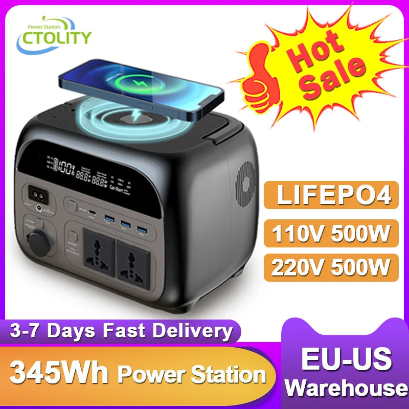 CTOLITY 500W Power Station 345.6Wh LiFePo4 Solar Generator Pure Sine Wave