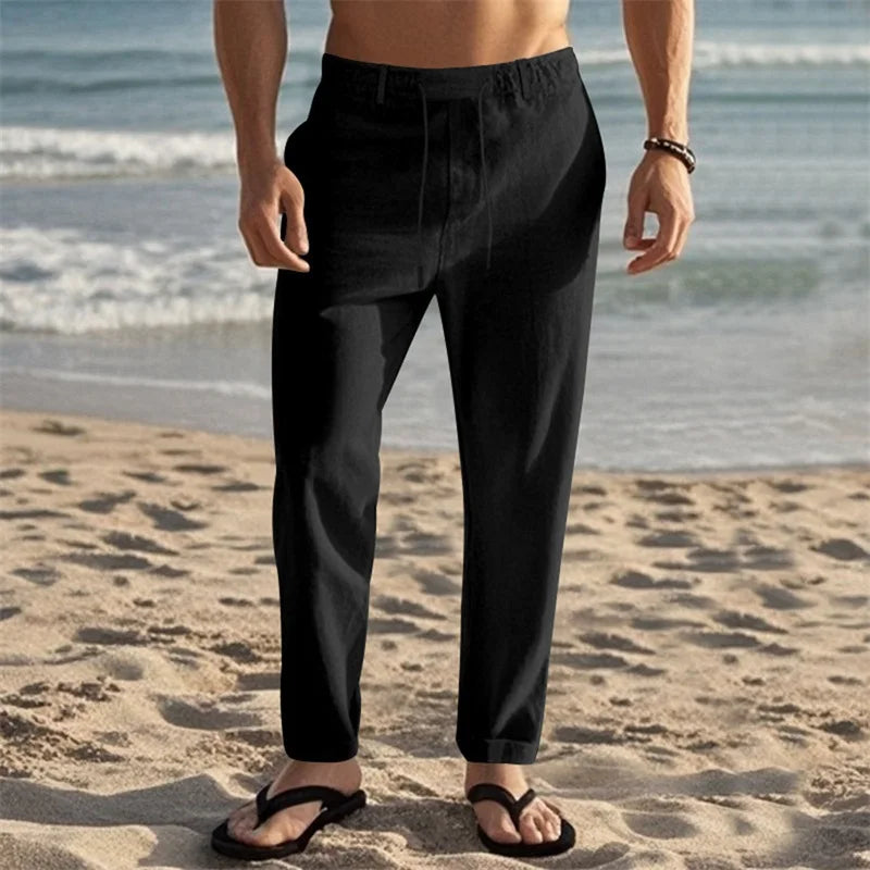 Men's Lightweight Linen Drawstring Pants With Pockets For Summer Beach Wear