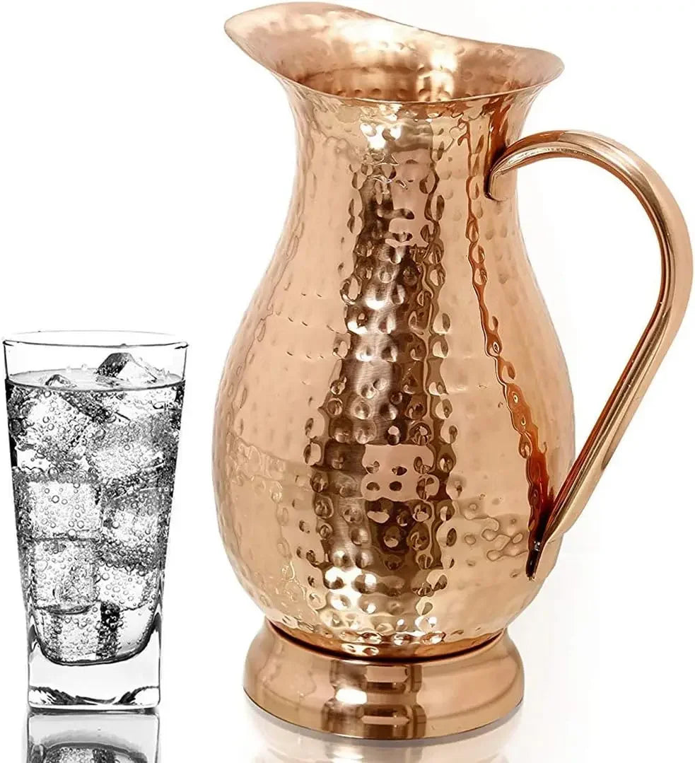 Pure Copper Pitcher With Lid Handcrafted Hammered Carafe